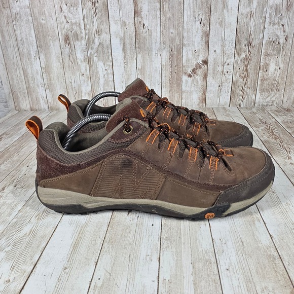 Merrell Espresso Leather Hiking Trail‎ Shoes Comfort Brown Orange Mens 10 - Picture 1 of 8